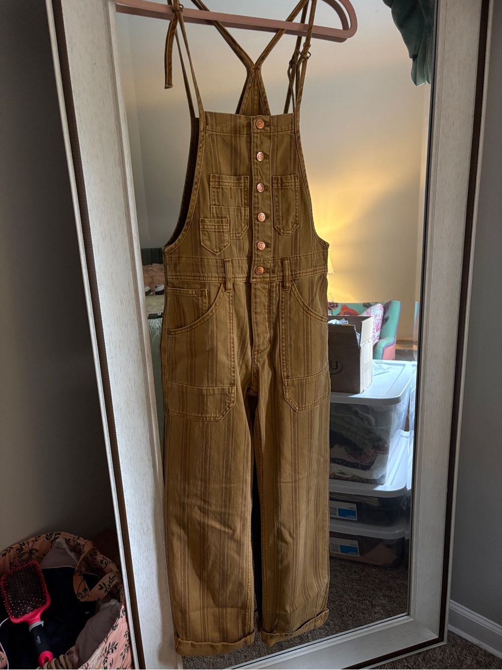 Anthropologie Pilcro Striped Camel Brown Button-Front Overalls - Picture 10 of 14